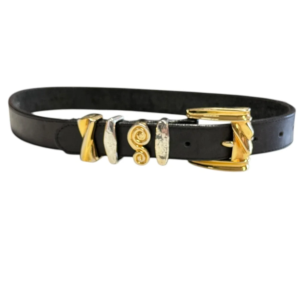 Brighton Womens Black Leather Belt Mixed Metal Gold Silver Tone Buckle Size S